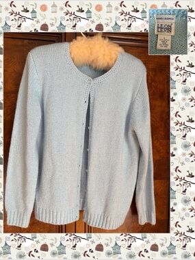 Vintage 90s Leon Levin Hand Loomed Round Neck Light Blue Cardigan - Size L